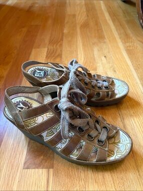 Fly London Brown Leather Lace-Up Cutout Slingback Wedge Sandals 38 8
